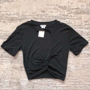 NWT Cropped Cutout Knotted Black Tee Shirt Keyhole Small